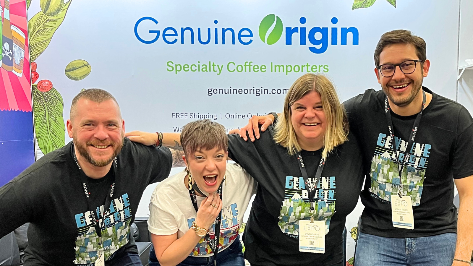 Genuine Origin team members Jay, Jen, Cyndi and Josh at the Genuine Origin booth at Coffee EXPO 2023